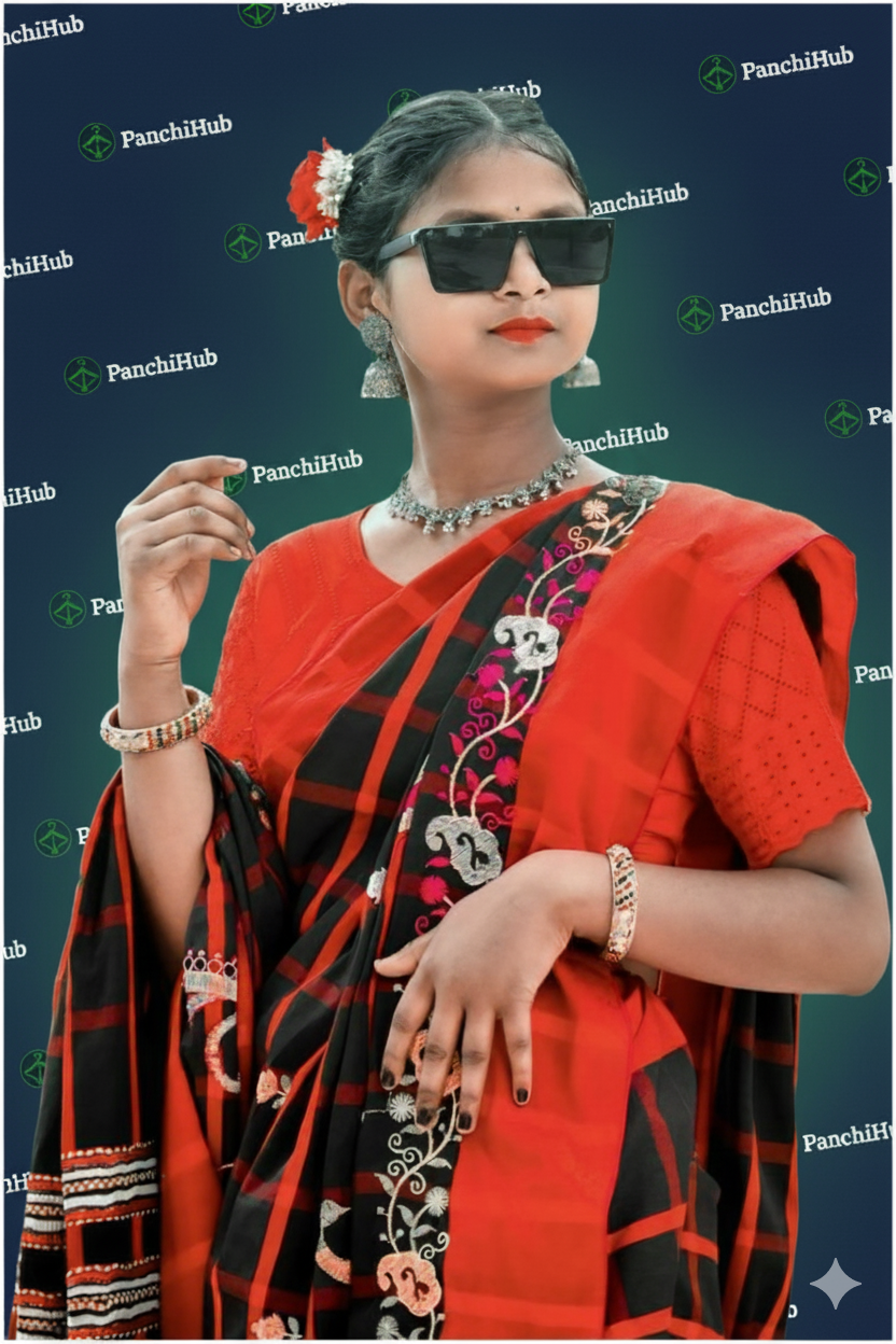 Red and black checked Santali Panchi Saree